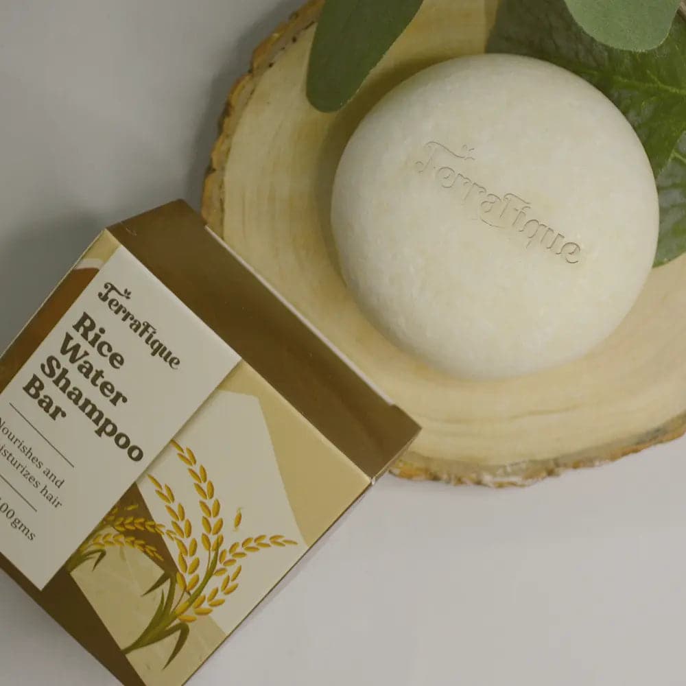 terrafique rice water shampoo bar on wood